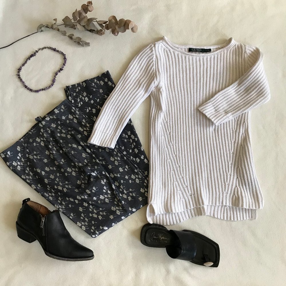 VTG 00s LRL Ralph Lauren Y2K Ecru Ribbed Knit Boat Neck Cotton Sweater Cream S